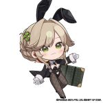  1girl ade_(agent_bunny)_(nikke) ade_(nikke) between_breasts black_leotard black_necktie black_shoes blush breasts brown_hair chibi closed_mouth clothing_cutout commentary english_commentary fishnet_pantyhose fishnets glasses gloves goddess_of_victory:_nikke green_eyes hair_intakes highres leotard light_smile long_sleeves looking_at_viewer medium_breasts medium_hair navel navel_cutout necktie necktie_between_breasts official_art pantyhose parted_bangs shoes solo totatokeke unworn_eyewear white_gloves 