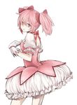  ashiyu_(t0m1) bad_id bad_pixiv_id bow bubble_skirt dress frills gloves hair_ribbon kaname_madoka magical_girl mahou_shoujo_madoka_magica pink_eyes pink_hair puffy_sleeves ribbon short_hair short_twintails simple_background skirt solo twintails white_background white_gloves 