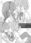  adapted_costume akemi_homura braid comic flowerchild_ueda glasses greyscale hug kaname_madoka kiss long_hair mahou_shoujo_madoka_magica monochrome multiple_girls school_uniform short_hair short_sleeves thighhighs translation_request twintails yuri 