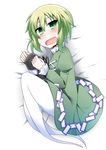  blush dress fetal_position full_body ghost_tail green_dress green_eyes green_hair hat hat_removed headwear_removed multiple_tails open_mouth ren_(733) soga_no_tojiko solo tail tate_eboshi touhou 