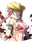  bare_shoulders bikini bikini_top breasts cleavage cowboy_hat enoshima_iki front-tie_top fur_trim green_eyes hat kagura_(oneechanbara) large_breasts long_hair oneechanbara pink_hair solo string_bikini swimsuit twintails 