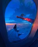  1other above_clouds airplane_interior airplane_wing artist_name blue_sky car city_lights cloud fire flying_car highres horizon jocelin_carmes motor_vehicle muscle_car original pov red_car scenery sky smiley_face smoke stack sunset 