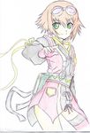  brown_hair goggles goggles_on_head green_eyes highres mugen_reia rita_mordio short_hair smile solo tales_of_(series) tales_of_vesperia traditional_media 
