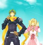  1girl aqua_background armor aura_(wild_arms) black_armor blind blonde_hair bodysuit closed_eyes copyright_name couple daken99 dress flower green_hair hair_flower hair_ornament hand_on_hip happy headband height_difference hetero long_hair pants pauldrons pink_dress scarf wild_arms wild_arms_1 zed 