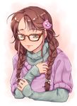  ahoge braid brown_eyes brown_hair efyuru freckles glasses green_shirt hair_ornament hairclip idolmaster idolmaster_cinderella_girls long_hair okuyama_saori shirt smile solo sweater turtleneck twin_braids 