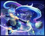  aqua_eyes aqua_hair asato-sagamihara bad_id bad_pixiv_id beamed_eighth_notes character_name detached_sleeves hatsune_miku long_hair musical_note necktie open_mouth planet skirt smile solo space staff_(music) thighhighs treble_clef twintails very_long_hair vocaloid zettai_ryouiki 