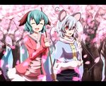  :d ^_^ animal_ears aqua_hair broom capelet cherry_blossoms closed_eyes dog_ears dowsing_rod dress forest green_hair grey_hair kasodani_kyouko letterboxed long_sleeves mouse_ears mouse_tail multiple_girls nature nazrin nogisaka_kushio open_mouth outdoors petals red_eyes short_dress short_hair smile tail touhou tree walking 