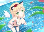  animal_ears bare_shoulders bikini bikini_pull blonde_hair blush bracelet breasts cat_ears cleavage dexp elf elsword extra_ears flower from_above green_eyes hair_flower hair_ornament hairband hand_on_hip headband jewelry large_breasts leaning_forward lens_flare long_hair looking_at_viewer necklace ocean petals pointy_ears pulled_by_self rena_(elsword) sarong smile solo swimsuit wading water white_sarong wings 