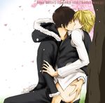  2boys artist_request ass black_hair blonde_hair duo durarara!! heiwajima_shizuo jacket kiss male male_focus multiple_boys orihara_izaya tree undressing vest yaoi 