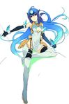  android bare_shoulders blue_hair elbow_gloves gloves glowing gradient_hair headpiece kagetomo_midori kos-mos kos-mos_ver._4 multicolored_hair red_eyes solo thighhighs xenosaga xenosaga_episode_iii 