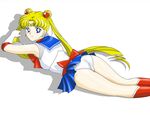  artist_request ass bishoujo_senshi_sailor_moon blonde_hair blue_eyes from_above leotard long_hair looking_back prone sailor_moon simple_background tsukino_usagi upskirt 