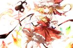  ascot bad_id bad_pixiv_id blonde_hair bloomers fire flandre_scarlet grin hat hat_ribbon hisona_(suaritesumi) holding lace lace-trimmed_skirt laevatein looking_at_viewer red_eyes ribbon short_hair short_sleeves side_ponytail simple_background skirt skirt_set smile solo standing touhou underwear white_background wings wrist_cuffs 