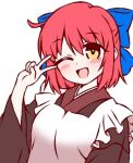  1girl :d apron blue_bow bow brown_kimono commentary_request cowlick hair_bow japanese_clothes ketsumaimo kimono kohaku_(tsukihime) looking_at_viewer lowres open_mouth red_hair short_hair simple_background smile solo tsukihime upper_body v white_apron white_background yellow_eyes 