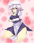  blush breasts dress harusame_(unmei_no_ikasumi) hat lavender_hair letty_whiterock medium_breasts open_mouth purple_eyes seiza short_hair sitting solo touhou 