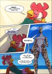  absurd_res anthro avian balls bird chicken duo english_text feathers galliform gallus_(genus) genitals giraffe giraffid hi_res male male/male mammal nude penis phasianid simple_background text zaryuzu_73 