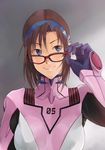  bad_id bad_pixiv_id blue_eyes bodysuit brown_hair evangelion:_2.0_you_can_(not)_advance glasses ikuyoan long_hair makinami_mari_illustrious neon_genesis_evangelion pink_bodysuit plugsuit rebuild_of_evangelion red-framed_eyewear smile solo upper_body 