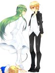  2boys ahoge artoria_pendragon_(all) barefoot blonde_hair casual dress earrings enkidu_(fate/strange_fake) fate/stay_night fate/strange_fake fate_(series) gilgamesh green_eyes green_hair haine_(howling) jewelry long_hair multiple_boys otoko_no_ko red_eyes robe saber short_hair 