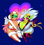 2024 2_antennae alien alien_humanoid antennae_(anatomy) big_breasts blush breasts cleavage clothed clothed_female clothed_human clothed_humanoid clothing collarbone digital_media_(artwork) duo eyelashes eyewear eyewear_on_head female female_human female_humanoid footwear gesture glistening glistening_breasts glistening_thighs gloves green_antennae green_body green_breasts green_ears green_skin hair hand_gesture handwear heart_symbol hi_res huge_breasts human humanoid humanoid_pointy_ears long_hair looking_at_viewer mammal not_furry one_eye_closed open_mouth open_smile orange_clothing orange_footwear orange_helmet pink_hair pointy_ears smile space star sunglasses sunglasses_on_head tan_body tan_breasts tan_skin theguywhodrawsalot thick_thighs v_sign valerie_(theguywhodrawsalot) voluptuous_female voluptuous_human voluptuous_humanoid white_clothing white_gloves white_hair white_handwear wide_hipped_female wide_hipped_human wide_hipped_humanoid wide_hips yellow_eyewear yellow_sunglasses