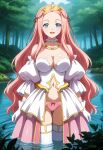  absurdres ai-generated blue_eyes crown forest highres kemilius kuroinu_~kedakaki_seijo_wa_hakudaku_ni_somaru~ nature pink_hair prim_fiorire princess water 