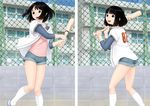  baseball bat kneehighs open_mouth short_shorts shorts smile split_screen yoshimaki_2000mg 