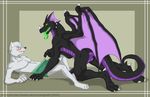  3_toes anthro balls biceps black_dragon black_scales black_skin blush canine clothing crocdragon89 dragon duo erection fangs gay green_tongue male mammal nude penis plain_background purple_body scalie tongue topless wings wolf zeke_(crocdragon89) 