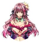  breasts cleavage cleavage_cutout detached_collar hair_intakes headset heart heart_cutout large_breasts long_hair md5_mismatch original pink_hair q_azieru red_eyes ribbon simple_background smile solo upper_body white_background 