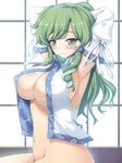  adjusting_hair armpits arms_behind_head arms_up blue_eyes blush bottomless breasts center_opening cleavage covered_nipples detached_sleeves frog green_hair hair_ornament highres ichio kochiya_sanae large_breasts long_hair mouth_hold no_bra open_clothes open_shirt shirt sideboob sitting snake solo touhou underboob 