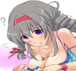  ? bad_id bad_pixiv_id blush breasts cleavage grey_hair hairband idolmaster idolmaster_cinderella_girls jewelry large_breasts long_hair necklace purple_eyes ribbon sakakibara_satomi shimamura_miwa solo twintails 