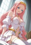  absurdres ai-generated blue_eyes crown highres kemilius kuroinu_~kedakaki_seijo_wa_hakudaku_ni_somaru~ long_hair looking_at_viewer pink_hair prim_fiorire princess revealing_clothes sitting smile 