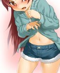  blush face fang hands long_hair mahou_shoujo_madoka_magica navel onsoku_maru red_eyes red_hair sakura_kyouko shorts solo 