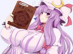  arm_up blush book breasts capelet crescent dress hair_ribbon hat holding_up large_breasts long_hair magic_circle moo_yoshio patchouli_knowledge purple_dress purple_eyes purple_hair ribbon smile solo striped striped_dress touhou translation_request 