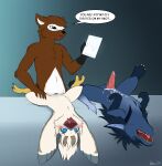 absurd_res animal_genitalia animal_penis anthro arm_tuft avian avian_feet belly_tuft black_claws blue_eyes bodily_fluids brown_body canine_genitalia canine_penis cheek_tuft claws countershade_face countershading cum cum_in_slit cum_inside cum_on_belly cum_on_body cum_on_crotch dipstick_feathers dipstick_tail dragon elbow_tuft english_text eyes_closed facial_tuft feet fucked_silly genital_fluids genitals giru_(artist) giru_(giru) gloves_(marking) graph grey_eyes group hi_res leg_grab limp_wrist looking_at_paper looking_at_viewer lying male male/male markings mythological_creature mythological_scalie mythology narrowed_eyes navel_tuft nintendo on_back open_mouth penetration penile penile_penetration penis penis_in_slit rito scalie sex slit_penetration slit_play spread_legs spreading suel tail tail_markings text the_legend_of_zelda toe_claws tongue tongue_out trio tuft tulin_(tloz) white_body white_claws white_countershading wolvar yellow_feet