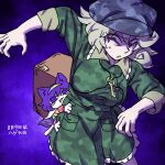  2girls animal_ears arms_up backpack bag blue_background blue_eyes blue_hair blush_stickers breasts camouflage camouflage_hat camouflage_headwear camouflage_shirt camouflage_skirt cape cat_ears cat_girl cloak collar dress eddybird55555 english_commentary eyes_in_shadow flat_cap frilled_collar frilled_skirt frills furrowed_brow green_eyes green_hair green_hat green_shirt hairband hat highres jewelry key key_necklace long_sleeves looking_at_another looking_down looking_up medium_breasts medium_hair multicolored_dress multicolored_hairband multiple_girls necklace no_pupils on_person open_mouth orange_sleeves patchwork_clothes pocket purple_eyes purple_hair rainbow_gradient rainbow_hairband shirt short_hair skirt sleeves_rolled_up sweat tenkyuu_chimata touhou unconnected_marketeers v-shaped_eyebrows white_cape white_cloak yamashiro_takane 