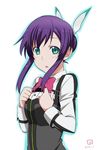  aquarion_(series) aquarion_evol green_eyes hair_bun kueru_(yuuki_tamerawanai) long_hair mikono_suzushiro open_mouth purple_hair school_uniform solo 