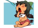  baby barefoot belly bib black_hair blush bow closed_eyes diaper feeding food hair_bow hand_to_own_mouth onikobe_rin open_mouth radiation_symbol reiuji_utsuho sitting solo spoon tail touhou younger 