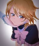  2girls axseraserasera black_shirt blurry bow brown_eyes brown_hair closed_mouth cure_black cure_white depth_of_field earrings frilled_arm_warmers frilled_sleeves frills futari_wa_precure hand_on_another's_face heart heart_earrings jewelry looking_down misumi_nagisa multiple_girls pink_bow precure shirt short_hair short_sleeves simple_background sitting white_arm_warmers white_background yukishiro_honoka 