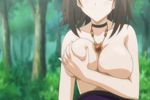  ageha_(omamori_himari) animated animated_gif breast_grab breasts brown_hair grabbing green_eyes jewelry large_breasts necklace no_bra no_nipples omamori_himari solo sweat 