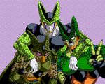  3boys blue_eyes cell_(dragon_ball) demon dragon_ball green_skin male male_focus multiple_boys multiple_persona pale_skin pink_eyes purple_eyes simple_background smile triple_persona v white_skin 