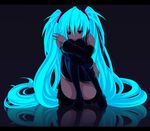  aqua_hair bad_id bad_pixiv_id commentary dark glowing glowing_hair hatsune_miku hatsune_miku_no_shoushitsu_(vocaloid) leg_hug letterboxed long_hair ma-yu sitting skirt solo thighhighs twintails very_long_hair vocaloid 