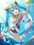  +_+ 1girl :d aqua_eyes aqua_hair bare_shoulders blush choker dot_nose fangs flower_choker frilled_one-piece_swimsuit frills full_body hatsune_miku highres inflatable_dolphin inflatable_toy kitto_saikou_no_summer!_(project_sekai) light_blush long_hair official_alternate_costume one-piece_swimsuit open_mouth project_sekai red_one-piece_swimsuit short_hair smile swimsuit twintails uminokaisen underwater very_long_hair vocaloid wonderlands_x_showtime_miku 