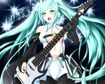  7ban black_gloves black_legwear bodysuit breasts cleavage elbow_gloves electric_guitar gauntlets gloves green_eyes green_hair guitar hatsune_miku instrument large_breasts long_hair microphone midriff monitor navel open_mouth pantyhose plectrum solo stage_lights striped striped_gloves striped_legwear twintails vocaloid 