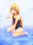  blonde_hair blue_eyes breasts collet_brunel kneeling one-piece_swimsuit small_breasts solo swimsuit tales_of_(series) tales_of_symphonia 