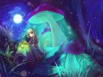  blonde_hair blue_eyes bow forest full_moon glowing hair_bow kagamine_rin lamp moon mushroom nature night norapeko outdoors short_hair sitting solo tree vocaloid 