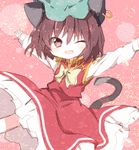  animal_ears bad_id bad_pixiv_id bow brown_eyes brown_hair cat_ears cat_tail chen dress earrings fang hat jewelry mari_audio one_eye_closed open_mouth outstretched_arms short_hair smirk solo tail touhou 