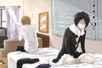  2boys after_sex aftersex alcohol bed black_hair blinds blonde_hair bottle bottles bottomless coat curtains duo durarara!! hakyo_(artist) heiwajima_shizuo male male_focus male_only multiple_boys open_clothes open_shirt orihara_izaya pants paper shirt short_hair smoking sweat yaoi 