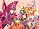  blonde_hair blue_eyes card_ejector dark_magician dark_magician_girl duel_monster girl green_eyes male miracle_flipper purple_eyes purple_hair smile yellow_eyes yu-gi-oh! yuu-gi-ou_duel_monsters 