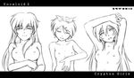  armpits arms_up breasts closed_eyes flat_chest greyscale hair_ornament hairclip hatsune_miku kagamine_rin kit_(studio) letterboxed lineart long_hair medium_breasts megurine_luka monochrome multiple_girls nipples nude small_breasts vocaloid 