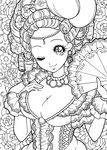  breasts cleavage dress flower frills greyscale jewelry large_breasts lineart monochrome necklace one_eye_closed original rose smile solo yukiko_haotome 