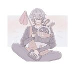  1boy animal_ears apron bandana bangboo_(zenless_zone_zero) black_jacket black_pants black_shirt blush border buttons closed_eyes commentary creature duster eous_(zenless_zone_zero) grey_background grey_hair hair_between_eyes hand_up highres holding holding_duster jacket long_sleeves notice_lines open_mouth orange_apron orange_bandana outside_border pants rabbit_ears shirt short_hair simple_background sitting smile symbol-only_commentary white_border wise_(zenless_zone_zero) zenless_zone_zero 