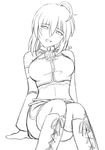  ahoge arm_support boots breasts cross-laced_footwear greyscale head_tilt kit_(studio) large_breasts megurine_luka midriff monochrome navel no_pupils short_hair simple_background sitting sketch solo vocaloid white_background work_in_progress 